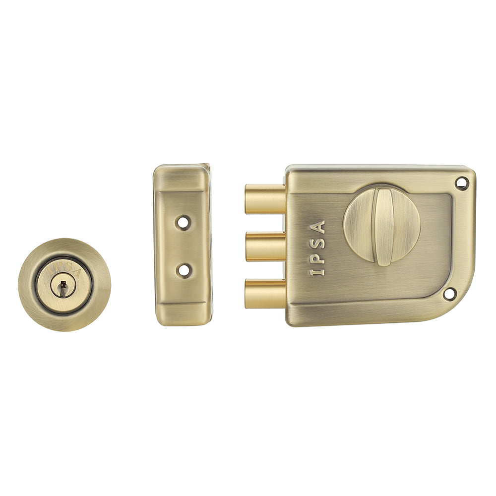IPSA Mini Tribolt Main Door Rim Lock Lockset for Home with Computer Dimple Key Knob On Inside Small Deadlock Finish ATQ